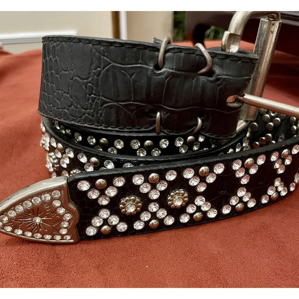 Studded Leather Belt Mens XL Black Rhinestone Western Buckle Croc Embossed